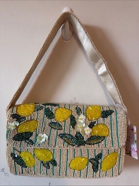 India Beaded Lemon Shoulder Bag in Yellow, Green and Cream